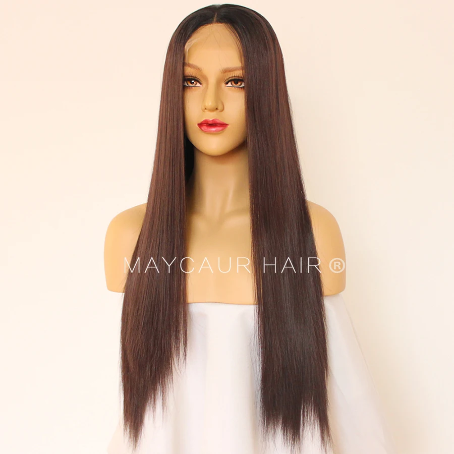 Maycaur Long Straight Wigs with Natural Baby Hair Synthetic Lace Front Wigs for Black Women Glueless Black Brown Ombre Color Wig (4)