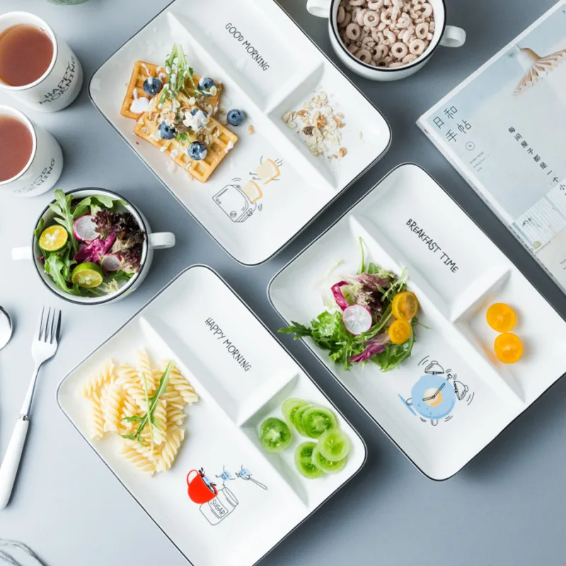 

Northern European-Style Rectangular Partition Plates Ceramic Fruit Snacks Baby Plate Compartment Tray Fashion Simple Snack Plate