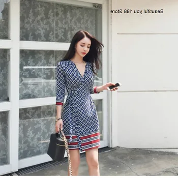 

summer spring and new women's clothing Korean style rhombus printed wrap dress slim lace-up dress