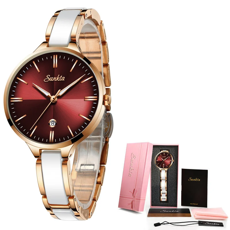 Новые модные женские часы Reloj Mujer SUNKTA, женские часы с розово-красным браслетом, креативные водонепроницаемые кварцевые часы для женщин+ коробка
