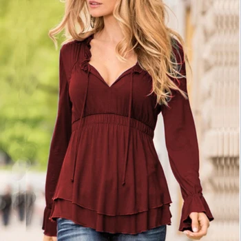 

Sexy Fall Fashion Women's Blouse Loose V Neck Blouses Ruffles Long Sleeve Flare Shirt Tops