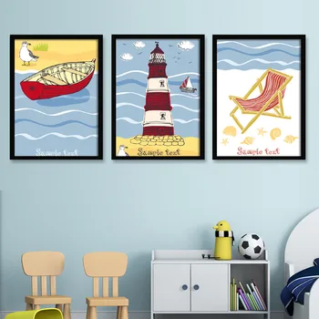 

Sea Sailing Light House Children's Bedroom Bedside Canvas Painting Modern Mural Wall Decorative Painting Mediterranean-Style