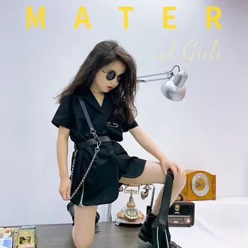 

Girls Black A Line Dress 2020 Summer Vintage Long Blazer Dresses Vestidos Zipper Belt Kids Clothes Metal Chain Sequins 3-14 yrs