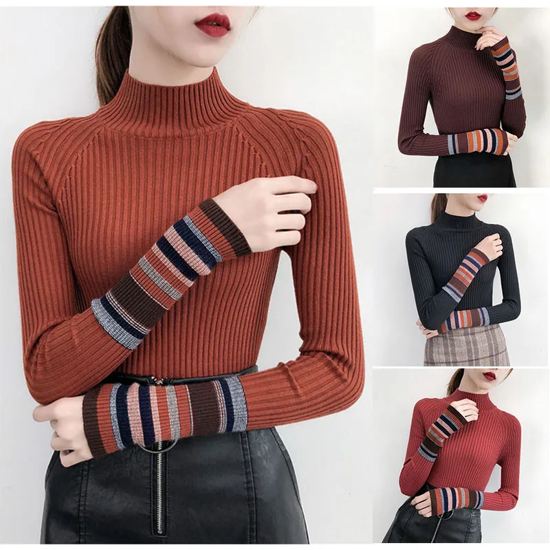 

2019 Long Sleeve Turtleneck Knitwear Fashion Slim Women Casual Bodycon Jumper Sleeve Stripe Sweater Contrast Knitted Pullover