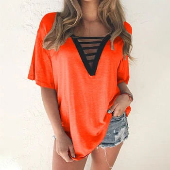 

6 Colors Trendy T-Shirt V-neck Criss Cross Women T Shirt Summer Style Short Sleeve Tops Hollow Out Top femme top tee tshirt