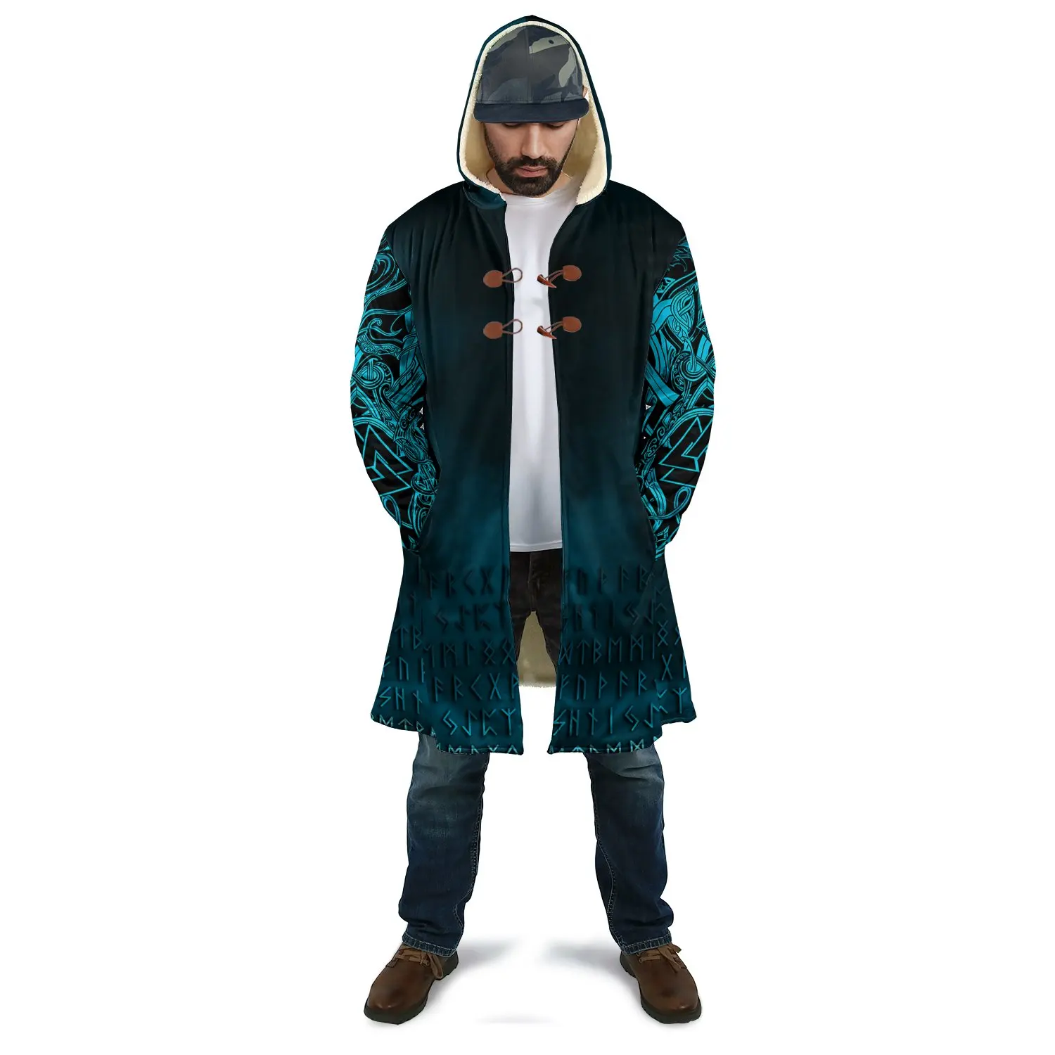 2023 Winter Thick Warm Mens Cloak Mjolnir Odin And Raven Tattoo 3D Print Fleece Hooded cloak Unisex Casual cloak coat PF28