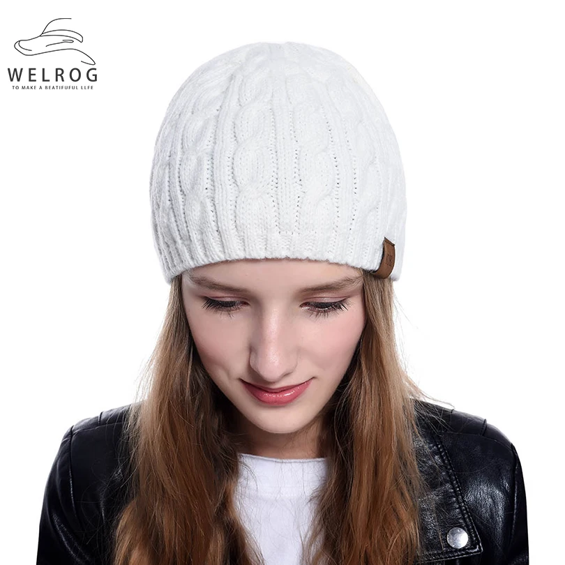 

WELROG 2020 Simple Knitted Warm Hats Solid Women Casual Acrylic Wool Winter Skullies Hat Unisex Braiding Handmade Skullies Hats