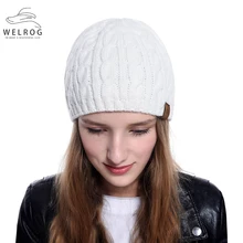 WELROG простые теплые вязанные шляпы однотонные Женские повседневные акриловые шерстяные зимние шапочки унисекс плетеные шляпы ручной работы