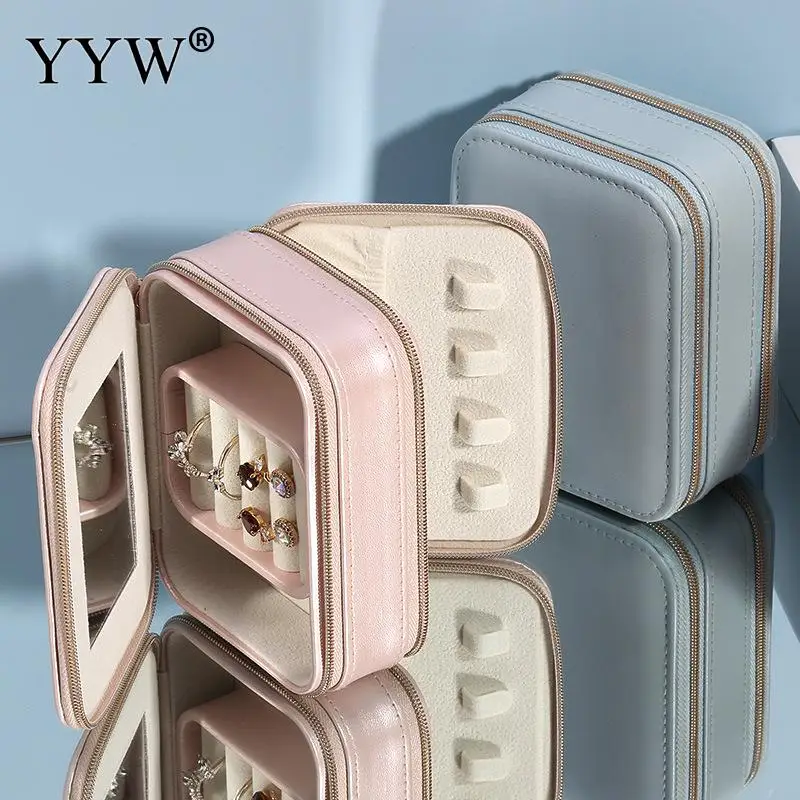 

Jewelry Storage Box Doublelayer Zipper Portable Organizer for Women Earing Necklace Ring PU Leather Travel Jewelry Display Boxes