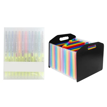 

12Pcs Double Head Mildliner Highlighters Art Marker Highlighter Pens & 1x Expanding File Folder 24 Pockets