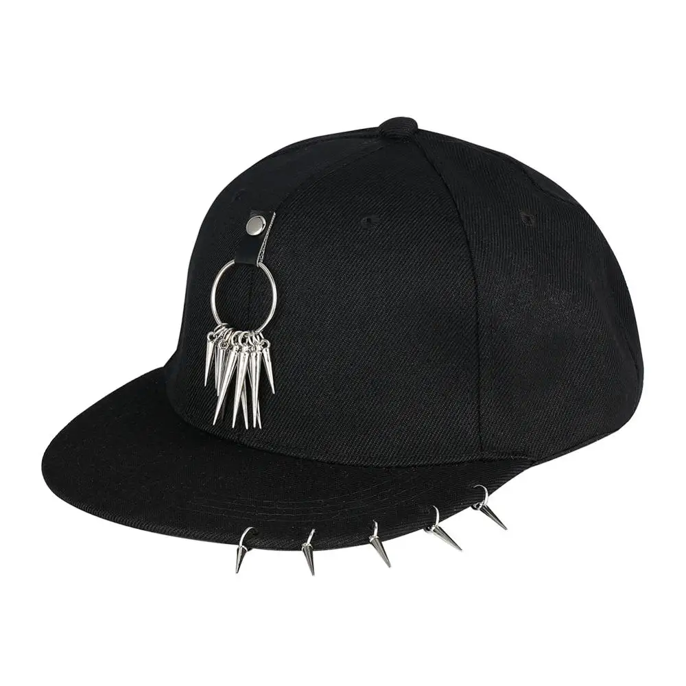 

Street Dance Hip Hop Cap Piercing Ring Punk Gorras Curved Baseball Caps Bone Masculino Spike Studded Rock Skull Jazz Iron Chain