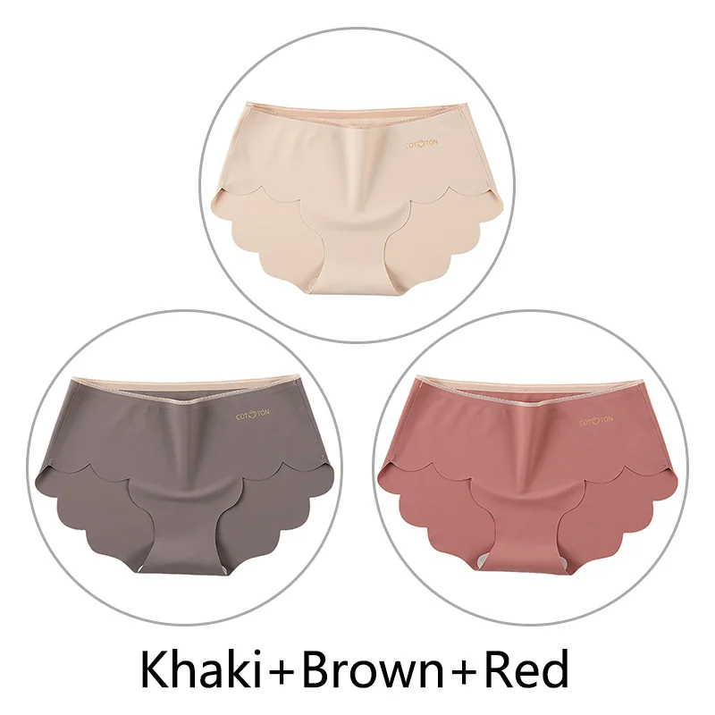 Khaki Brown Red 3 шт., женские бесшовные трусы, мягкие дышащие ультра тонкие трусики, сексуальное нижнее белье со средней талией и оборками, однотонное вискозное нижнее белье - Цвет: Khaki Brown Red