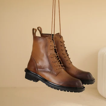 

Sexy 2020 Genuine Leather Ladies Boots 2020 Autumn Winter Platform Chunky Heels lace up Night Club Shoes Woman