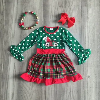 

girlymax baby girls green skirt girls Christmas dress girl gift car dress with bow and necklace