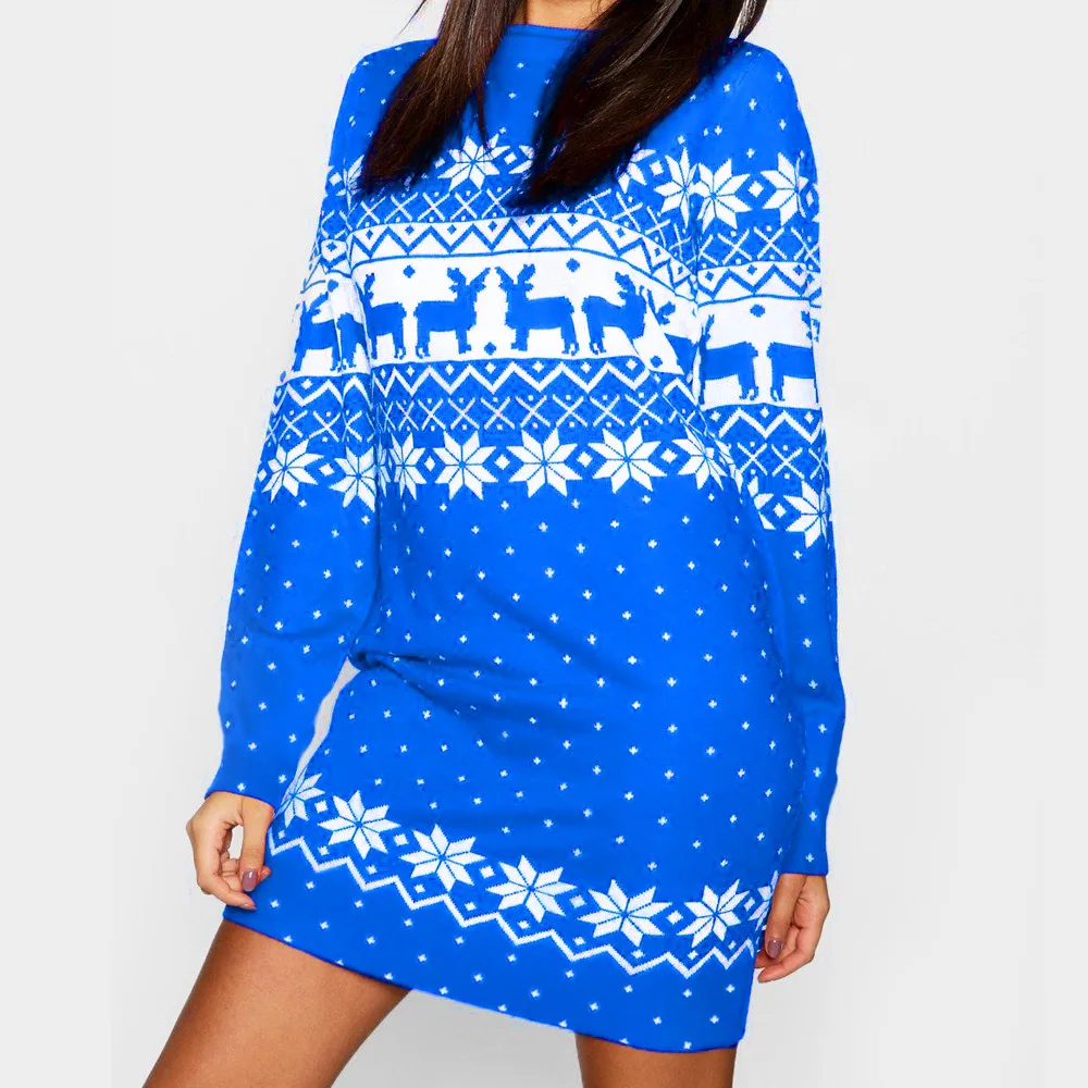 Новое осенне-зимнее рождественское платье для женщин сексуальное с принтом снежинок оленей мини с круглым вырезом и длинным рукавом повседневное вечернее платье