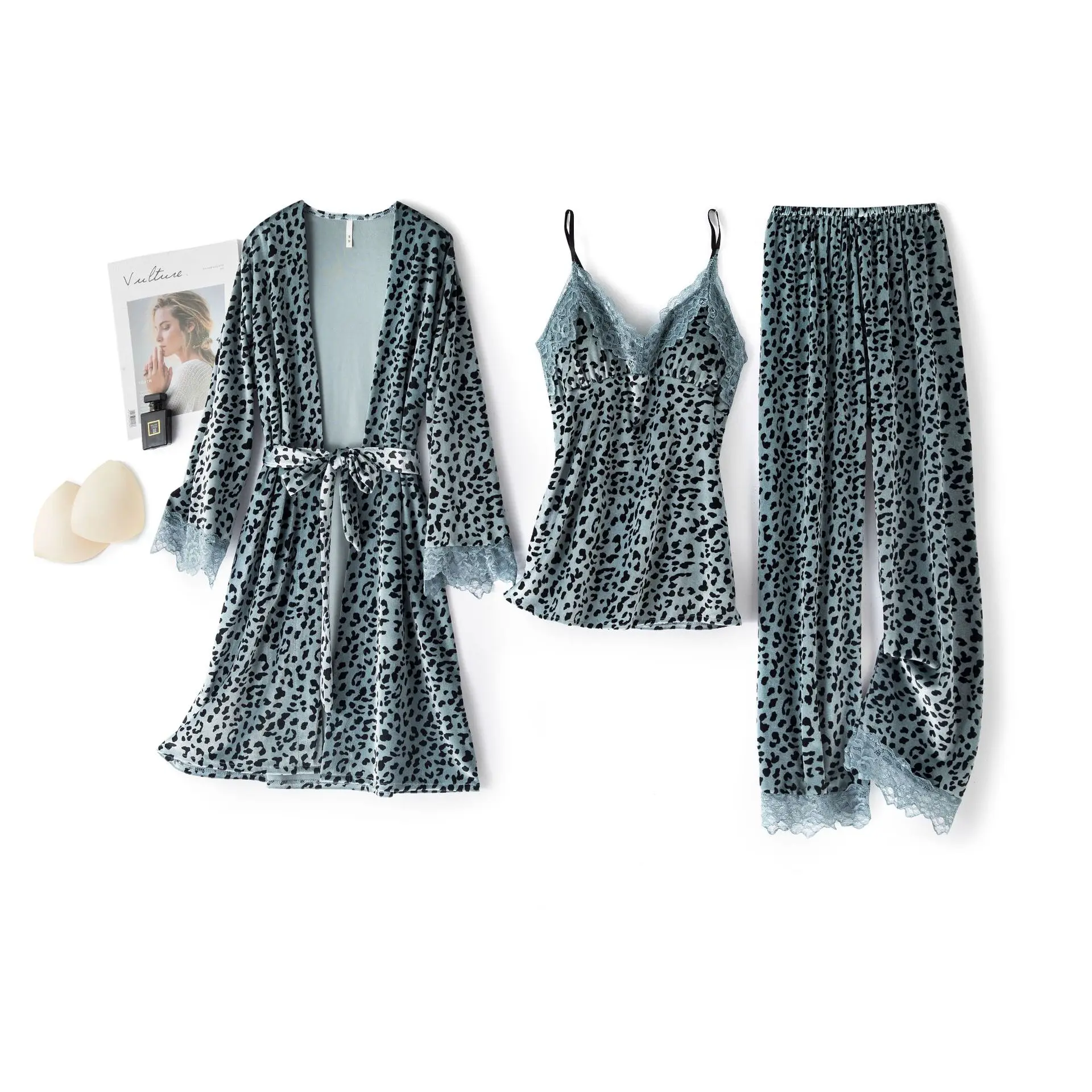 

Женский леопардовый халат-кимоно, пижамный комплект из 3 предметов, соблазнительная ночная рубашка на бретельках и халат с длинным рукавом, пижамные штаны, костюм для сна, велюровая Пижама