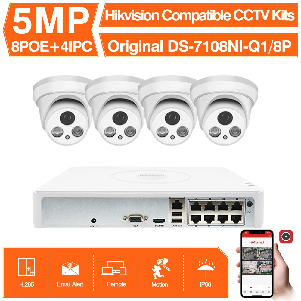 Hikvision Compatible Kits 4PCS 5MP POE IP Camera ColorVu & Hikvision 8CH POE NVR DS-7108NI-Q1/8P DIY Video Security CCTV System