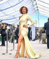 Elegant Ladies Long Sleeve High Neck One Shoulder Celebrity Dress Mermaid Pleated Stretch Slit Abendkleid Robes de Soirée