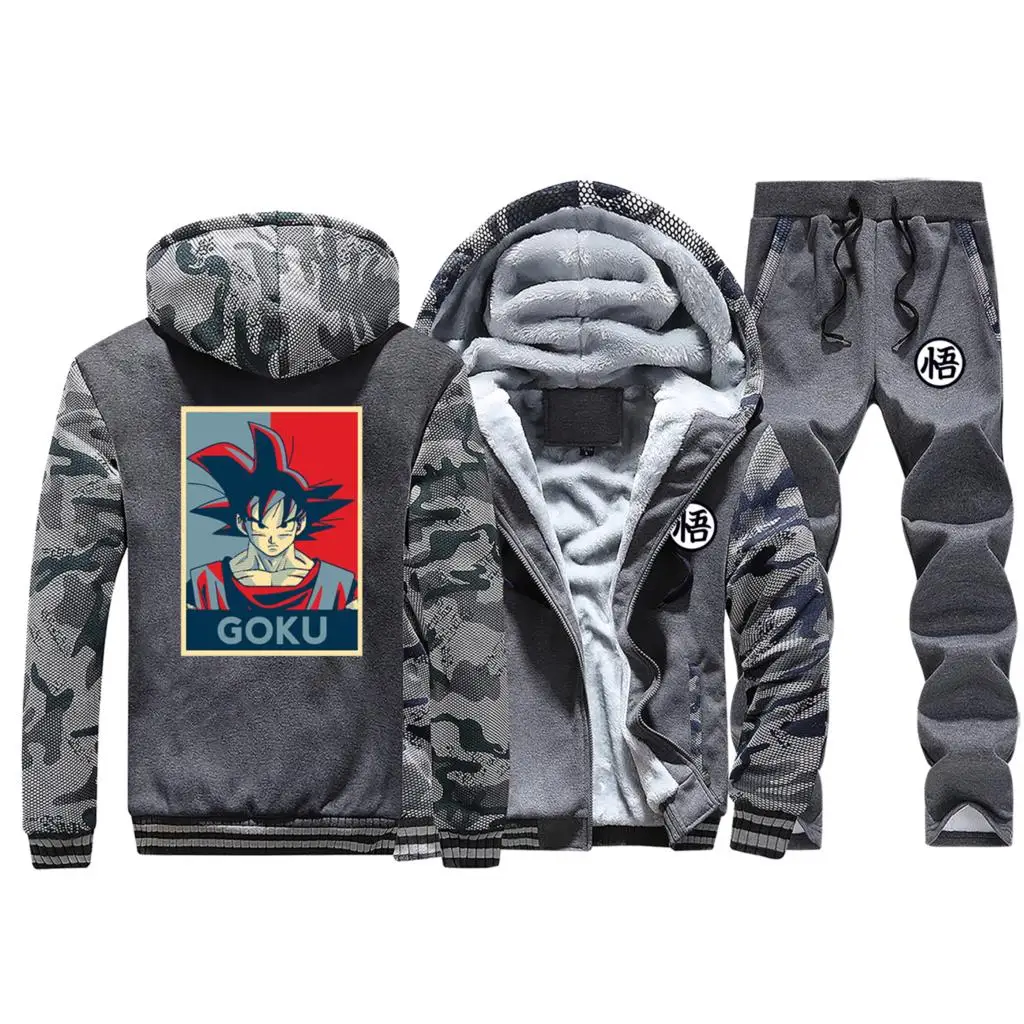 Dark Gray Забавная спортивная одежда, мужские толстовки, зима,, пальто, толстый костюм, камуфляжный, Dragon Ball, аниме, теплая куртка+ комплект из 2 предметов, штаны - Цвет: Dark Gray