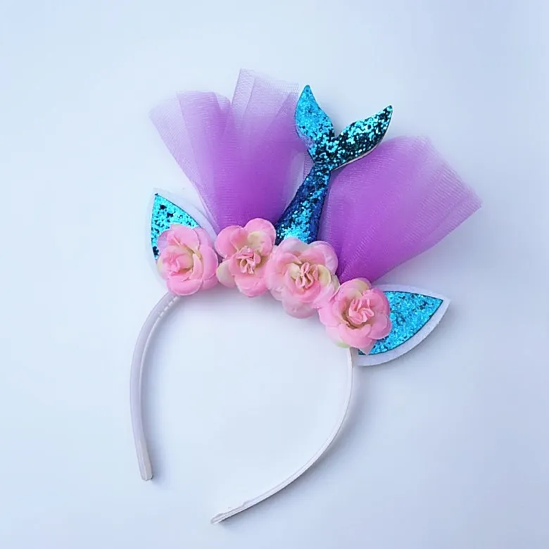 Вечерние ободки в виде единорога для девочек, ободок для волос в виде русалки, аксессуары для дня рождения, Детские вечерние украшения - Цвет: Blue flower