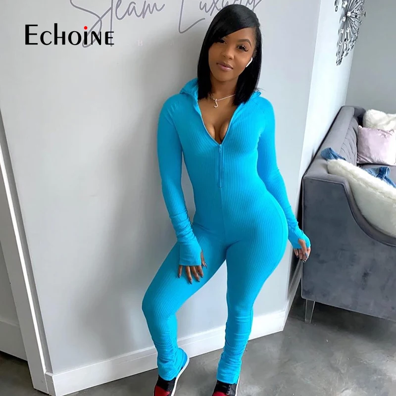 Echoine 2020 Sexy Solid Color Ribbed Jumpsuit Women Skinny Zip Neck Rompers Womens Casual Pencil Night Club Overalls bodysuit Echoine 2020 Sexy Solid Color Ribbed Jumpsuit Women Skinny Zip Neck Rompers Womens Casual Pencil Night Club Overalls bodysuit