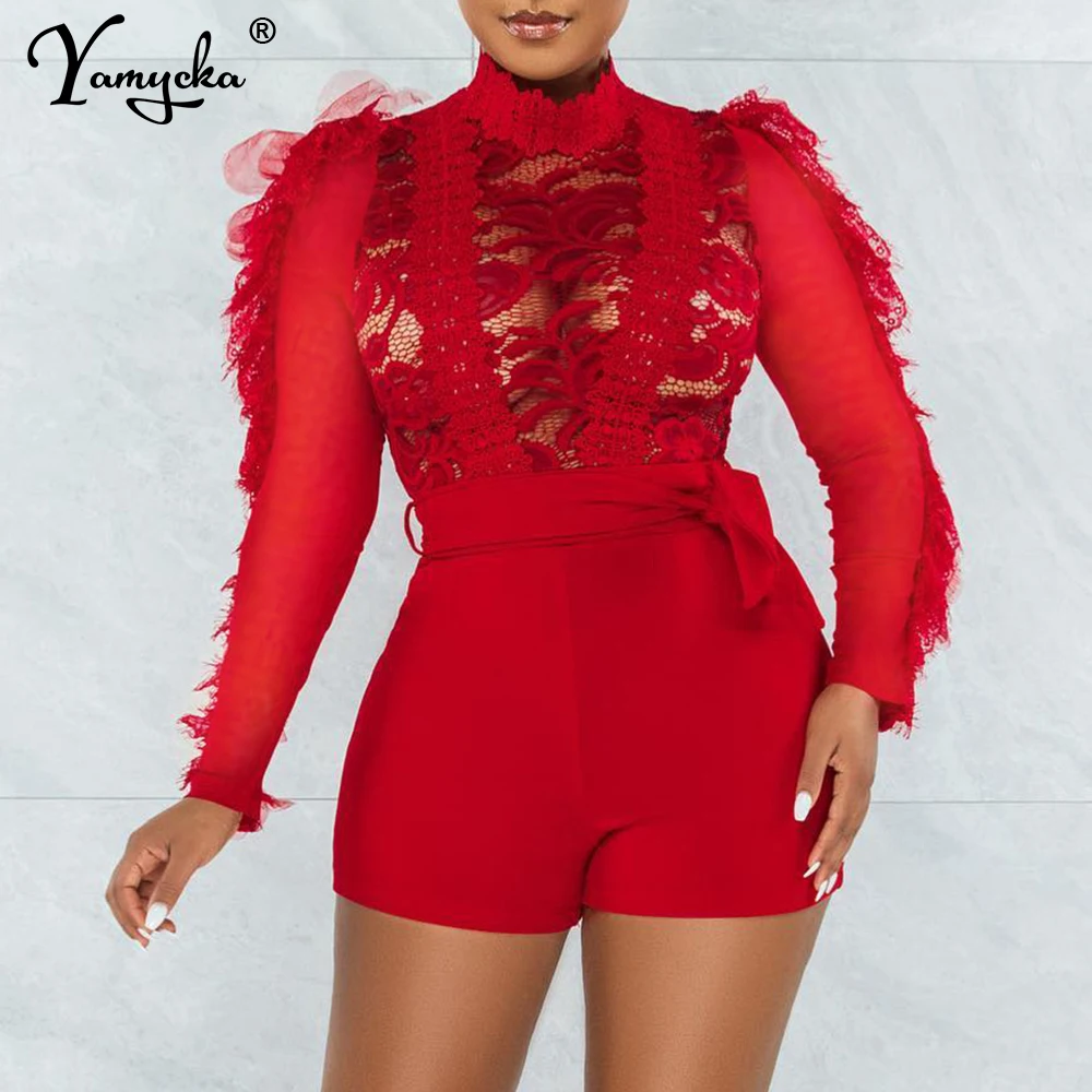 Sexy see through lace bodysuit bodycon jumpsuit women summer bodys shorts jumpsuits holiday party club outfits romper playsuits