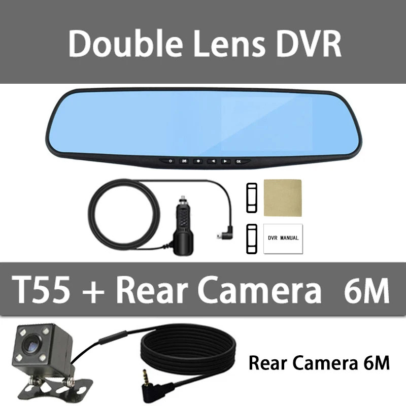 Видеорегистратор Эра Автомобильный видеорегистратор Двойной Len зеркало заднего вида Авто dashcam Recorder Регистратор в автомобиле видео Full HD видеорегистратор автомобиля две камеры - Название цвета: T55-6M Rear Cam
