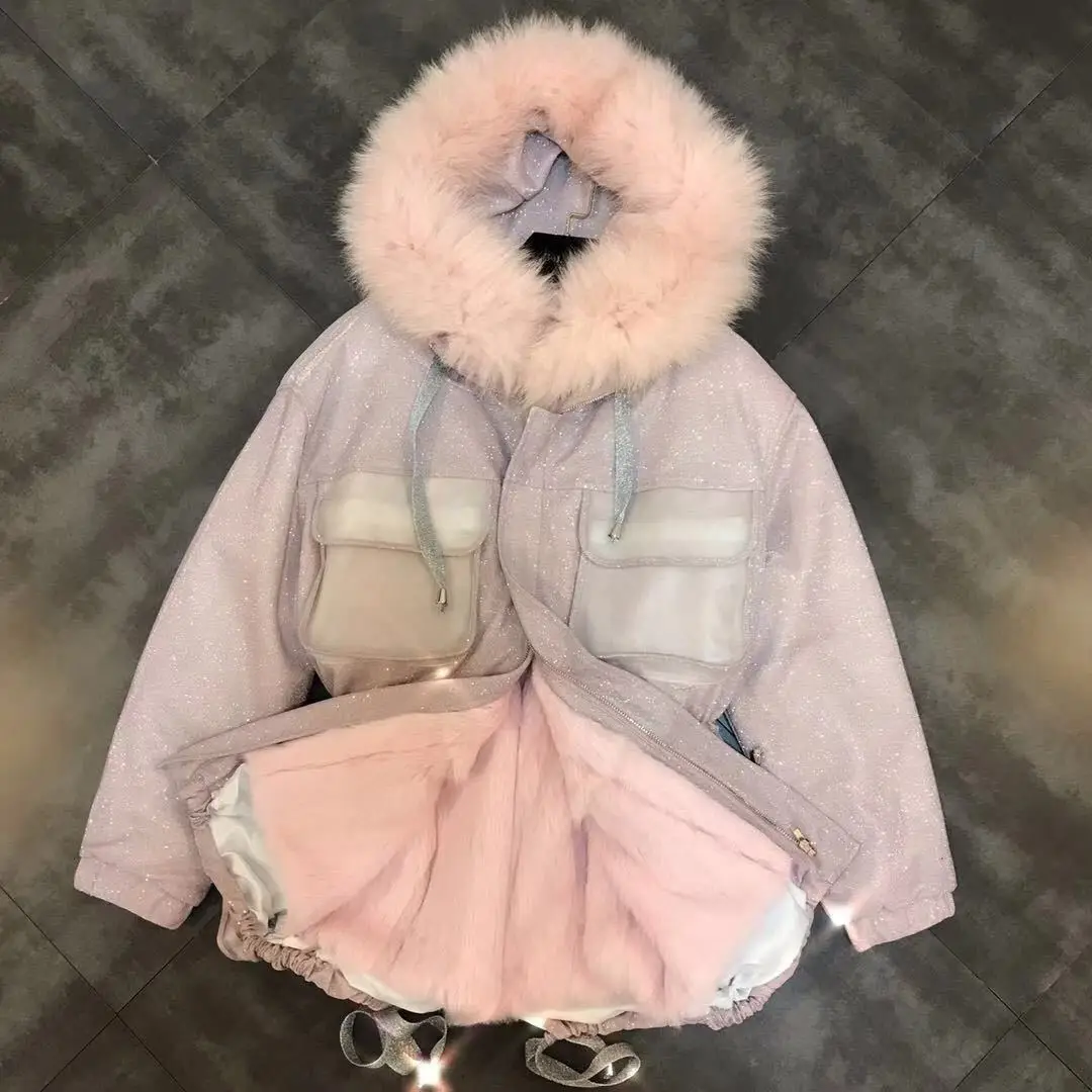 Pink Зимняя парка с подкладкой из кроличьей шерсти, Женская куртка с меховым воротником и плиссированной талией, яркая шелковая хлопковая верхняя одежда, Женская куртка-пуховик - Цвет: Pink