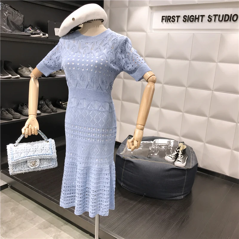 ALPHALMODA элегантное женское ажурное трикотажное платье круглый воротник; слим с коротким рукавом, платье-пачка+ платье на бретельках, комплект из 2 предметов