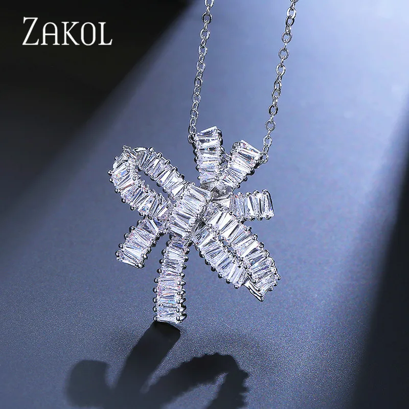 Изысканное ожерелье с кулоном в виде банта из Кубического циркония ZAKOL для элегантных женщин, роскошные свадебные украшения FSNP025