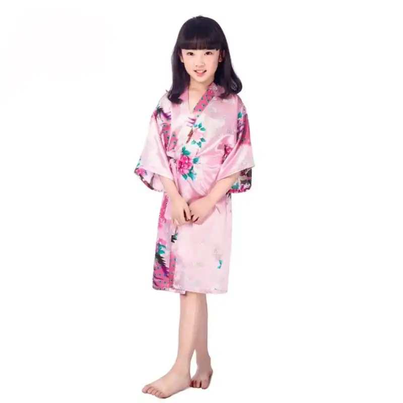 FEESHOW Kids Girls Peacock Satin Kimono Floral Robe Bathrobe Nightgown Sleepwear for Spa Party Wedding Home Sleep wear 