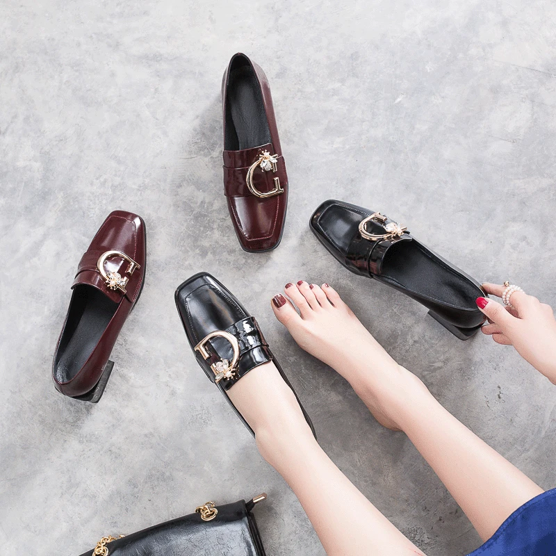 

2019 Spring New Style Europe And America Patent Leather Square Head Semi-high Heeled Shoes Genuine Leather Retro Versatile Squar