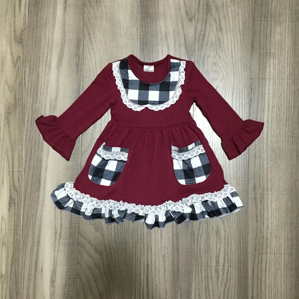 Осенне-зимнее Хлопковое платье в клетку с карманами для маленьких девочек; цвет винный, черный; детская одежда; изысканное платье до колена с оборками