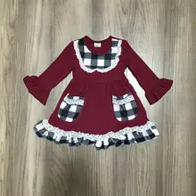 Осенне-зимнее Хлопковое платье в клетку с карманами для маленьких девочек; цвет винный, черный; детская одежда; изысканное платье до колена с оборками