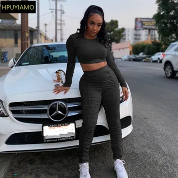 

HPUYIAMO High Street Stacked Women's Suit Crop Tops Pencil Ruched Pants Two Piece Set Sweatsuit Matching Set Fitness Outfits