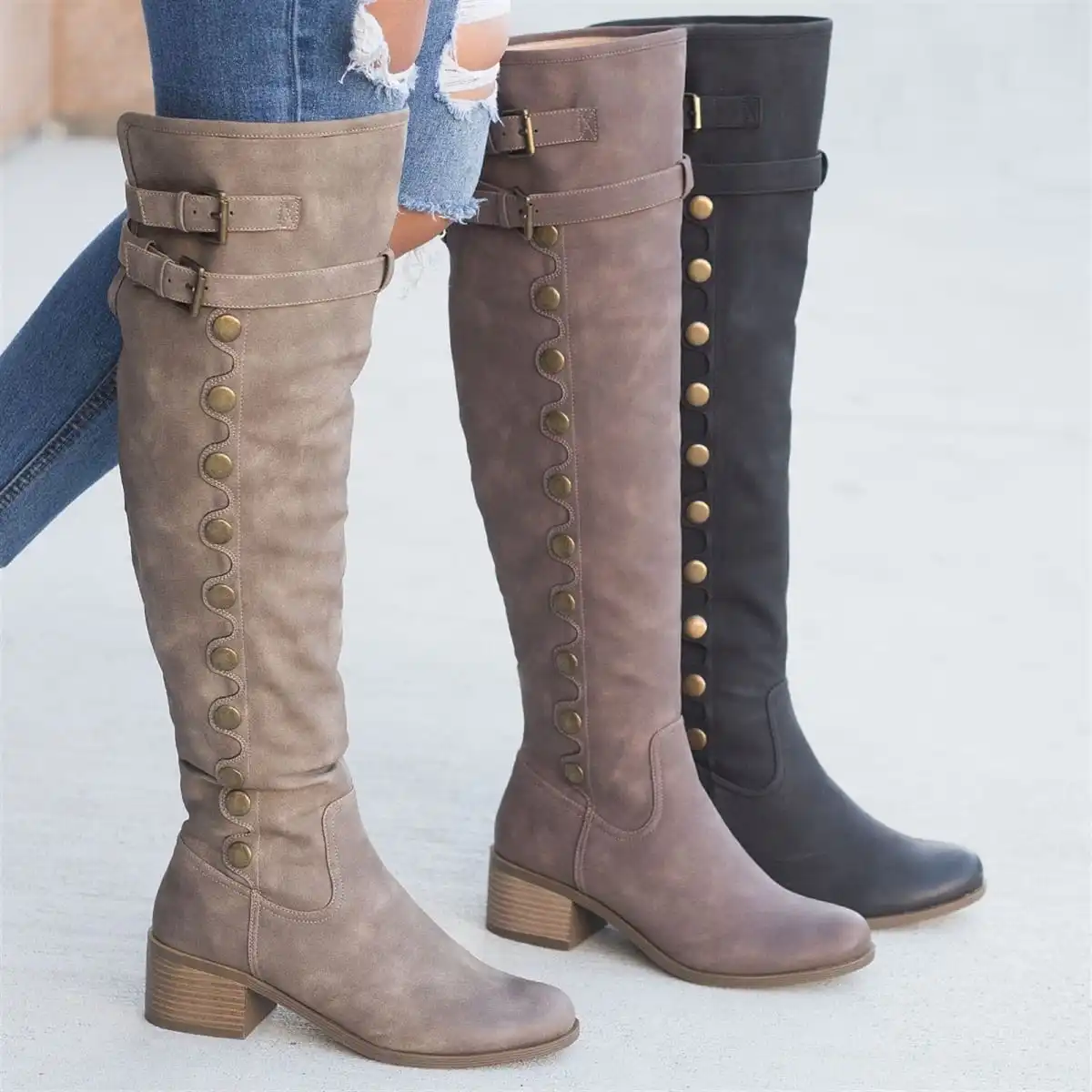 

Women Winter Shoes Genuine Leather Women Winter Boots Warmful High Quality Knee High Boots Side Zipper Motorcycle Button Boot