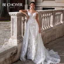 Модное свадебное платье со съемным шлейфом, BECHOYER, K149, аппликация, кружева, 3D цветы, Русалка, иллюзия, свадебное платье, Vestido de Noiva