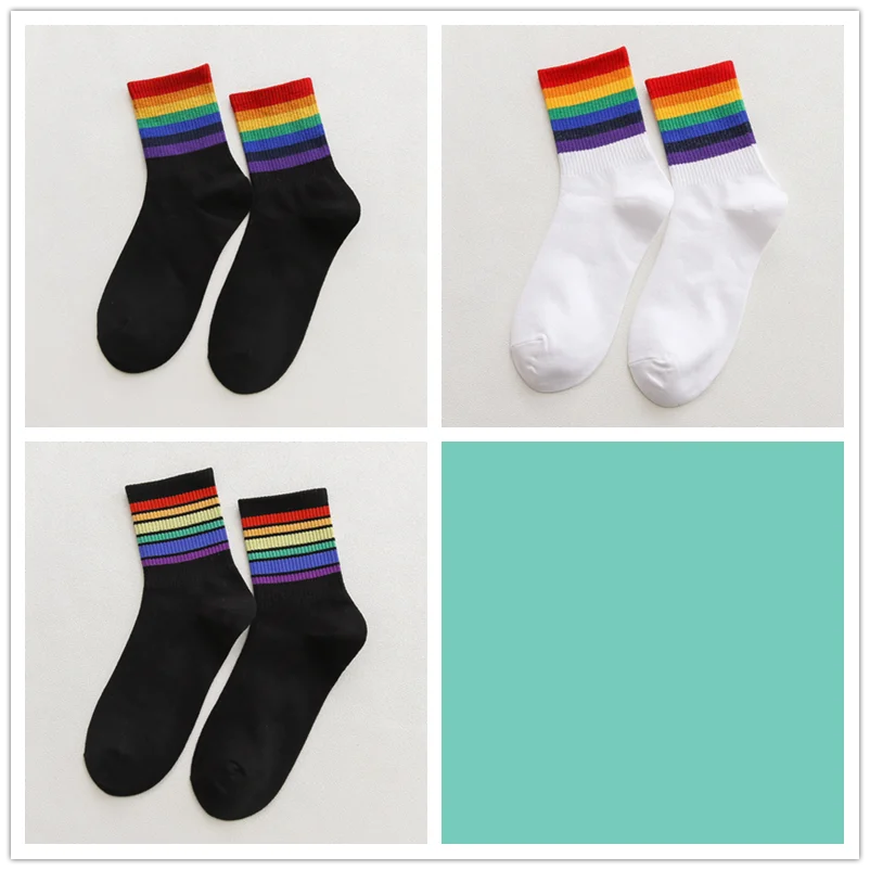 3 pairs 3 пар/упак. унисекс полосатые средние женские носки цветные забавные зимние носки женские 100 Хлопок Kawaii Радужный цвет размер 35-42 - Цвет: 3 pairs
