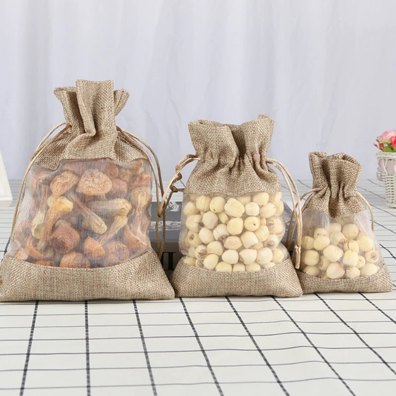 5pcs Christmas Window Jewelry Drawstring Pouch Drawstring Burlap Gift Linen Bundle Pocket Jute Sack Candy Gift Storage Bags