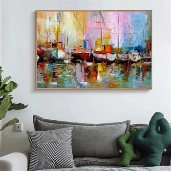 Abstract Landscape Oil Painting Sailboat On The Sea Canvas Poster Handmade Picture Wall Decor For Living Room Home Decoration 3