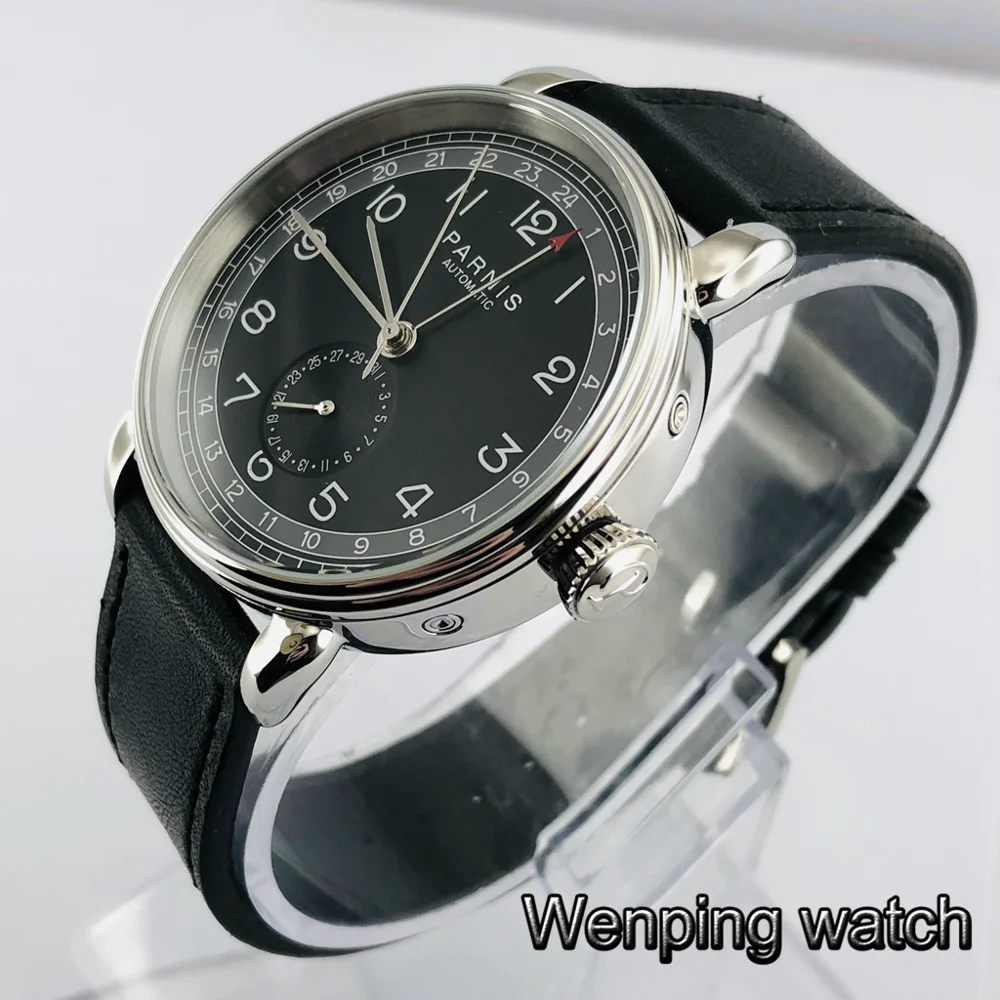 Parnis 42 мм GMT Серебряный чехол с черным циферблатом арабский знак Дата Окно кожаный ремешок мужские Топ Досуг автоматические механические часы