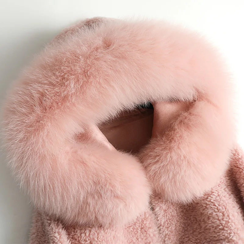 Женское зимнее пальто из натурального Лисьего меха с капюшоном, женская одежда, корейские пальто для стрижки овец, розовые шерстяные меховые Топы 968