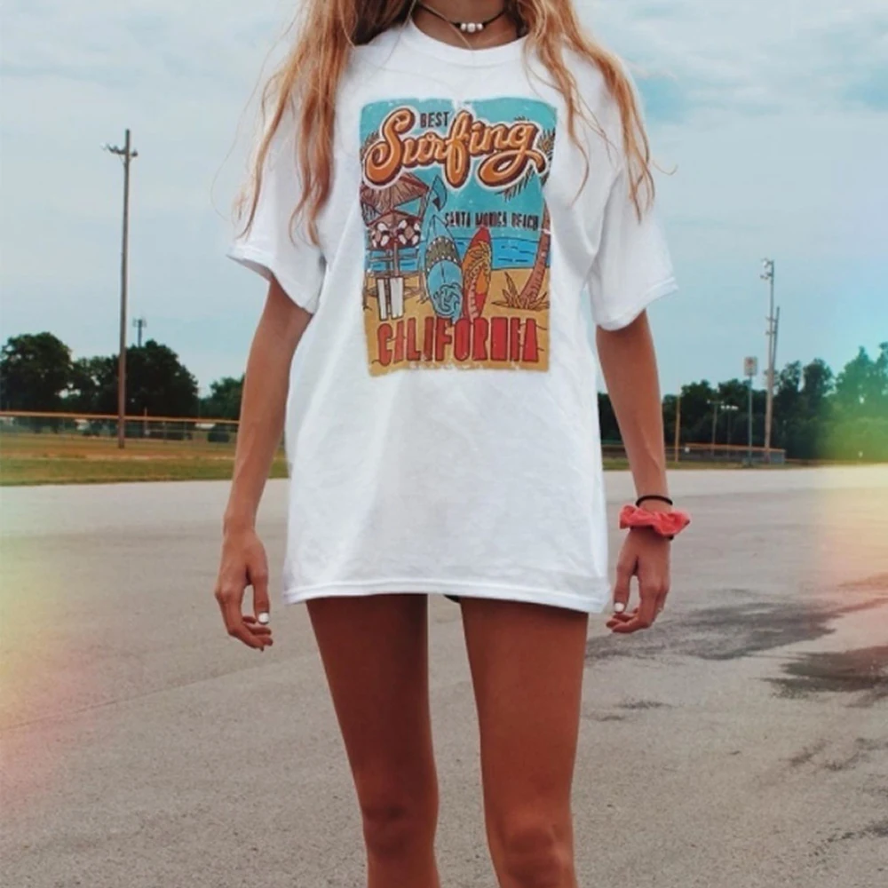 休暇ビーチtシャツ夏ホワイトtシャツ最高サーフィン女性のレトロスタイルtシャツカジュアル特大tシャツ Aliexpress レディース衣服
