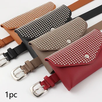 

Women Portable Waist Pack Hands Free PU Leather Adjustable Wallet Casual Travel Rivet Storage Delicate Party With Belt