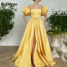SoDigne Yellow Satin Prom Dresses Short Sleeves Formal Party Gowns Side Split Women Evening Dress With Pockets