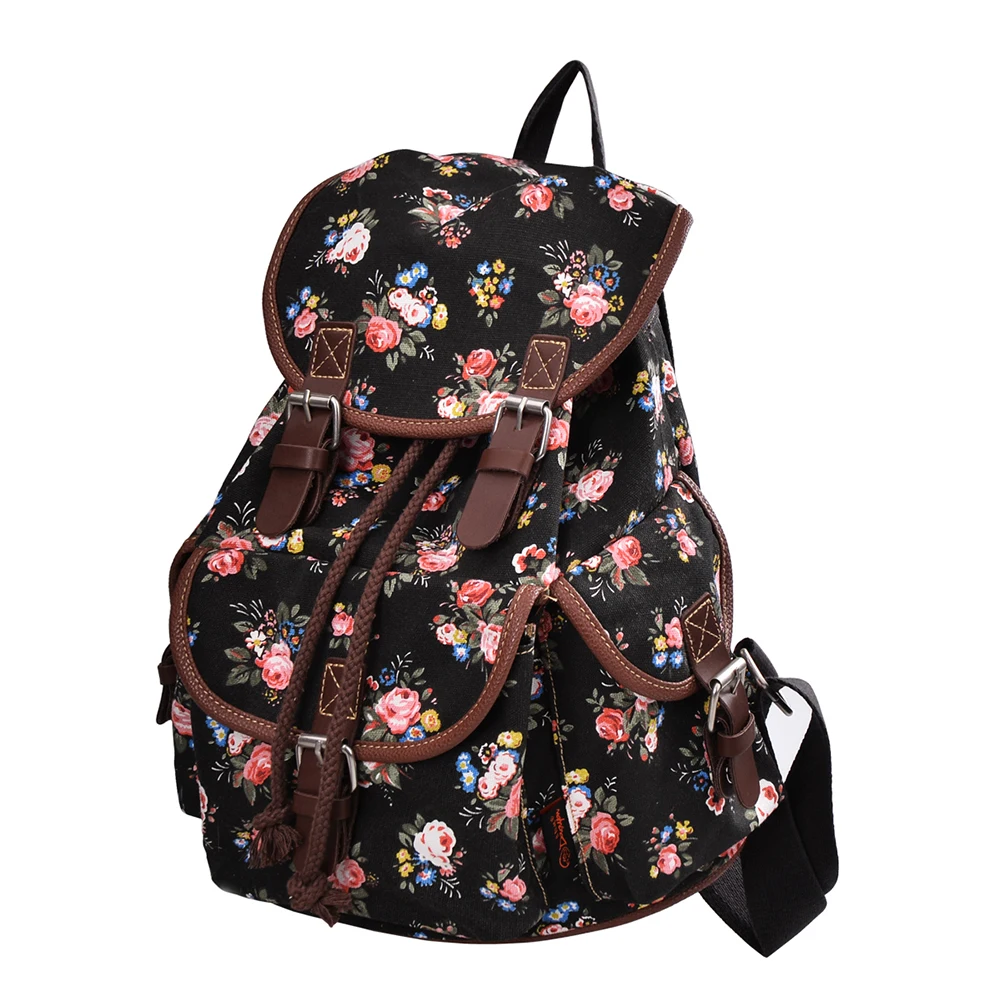 

Women Soft Handle Adjustable Strap Rucksack Flower Printed Backpack Large Capacity Casual Style Packsack with Drawstring