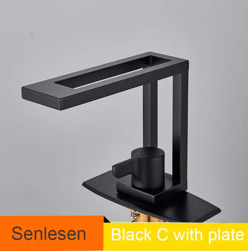 Black C with Plate Смесители для раковины латунные полированные бортике квадратные смесители для раковины ванной комнаты 3 отверстия двойная ручка кран горячей и холодной воды - Цвет: Black C with Plate