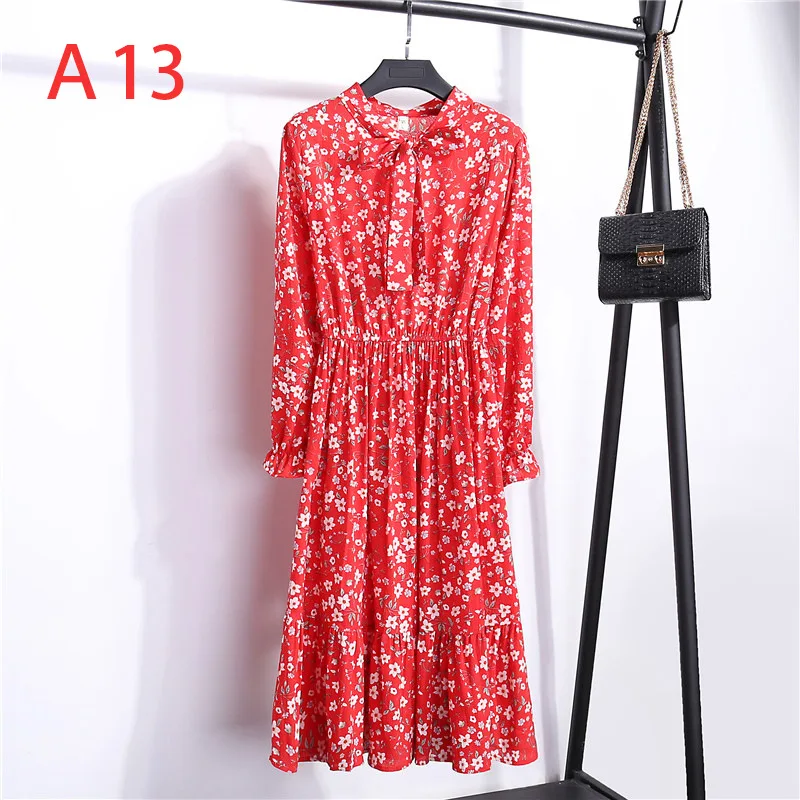 2020 Women Casual Spring Summer Dress Lady Korean Style Vintage Floral Printed Chiffon Shirt Dress Long Sleeve Bow Long Dress