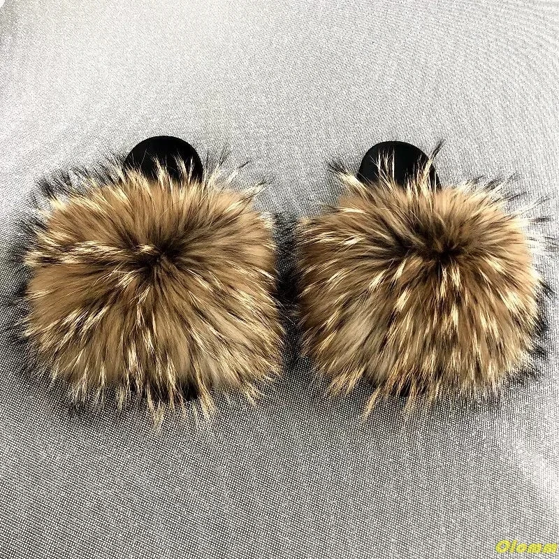 Hottest Real Fox Fur Slides Summer Beach Fluffy Slippers 100% Raccoon Flip Flops Sandals Shoes Wholesale | Обувь