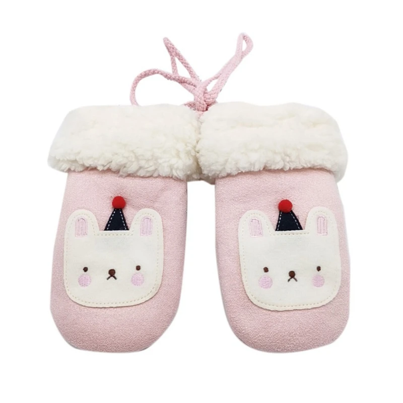 pink Детские перчатки с мультипликационным принтом на шее, варежки, двойные толстые вязаные теплые перчатки, зимние перчатки для мальчиков и девочек - Цвет: pink